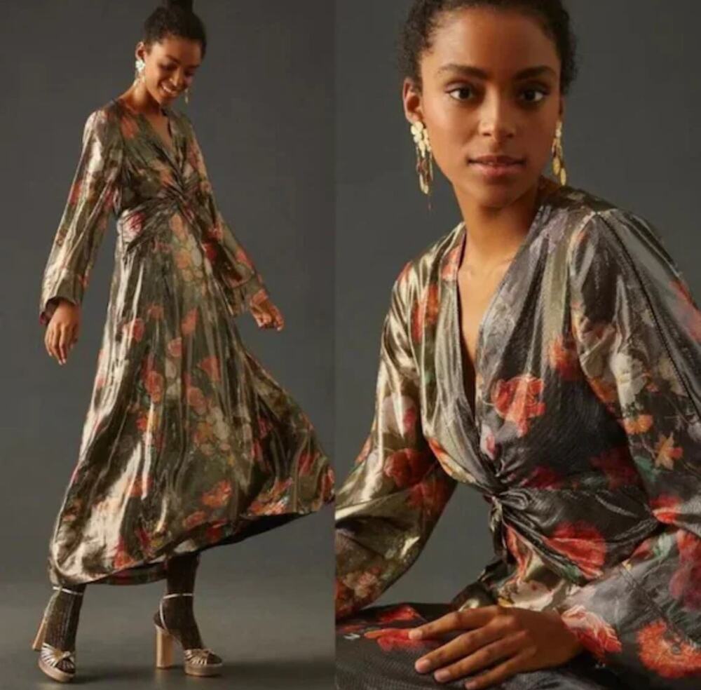 Anthropologie Caballero Deep V-Neck Maxi Dress Women's XS Floral Metallic NEW